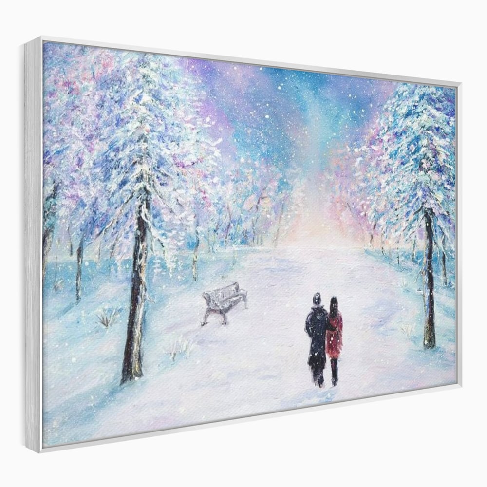 Tablou canvas cu tablou pictura cuplu pe zapada, in rama de aluminiu argintiu